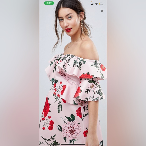 ASOS Maternity Floral ruffle shift off shoulder - Picture 2 of 12